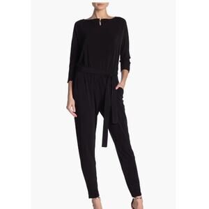Three-Quarter Length Sleeve Waist Tie Jumpsuit Nina Leonard Black NEW Skinny